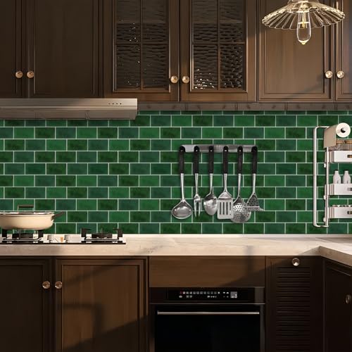 10 Sheets Backsplash Tile Peel and Stick for Kitchen 12"X12"Adhesive Back Splash Wall Sticker on Renter Friendly for Bathroom Dark Green - color: Darkgreen