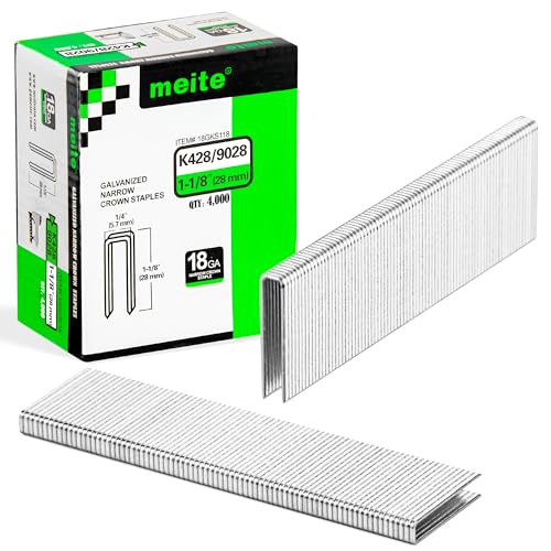 meite 18 Gauge 1/4-Inch Narrow Crown Staples, 1-1/8-Inch Length Galvanized Staples for Heavy Duty and Upholstery (4,000 Counts) - size: 1-1/8" Length, style: 1 Box