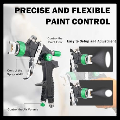 HVLP Paint Spray Gun, Air Gravity Feed System with 4 Nozzles 1.4/1.7/2.0/2.5mm & Regulator for Efficient, Automotive Paint Gun for Car, House Painting, Furniture, Wall, Shed, Fence Painting (Green) - color: Green