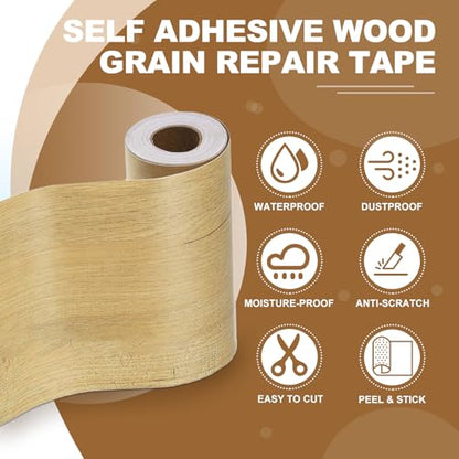 Self Adhesive Wood Grain Repair Tape 33'x 3", Multi-Use Realistic Wood Grain Repair Patch for Furniture Floor Door Table Chair Windows Handicraft DIY, Birch