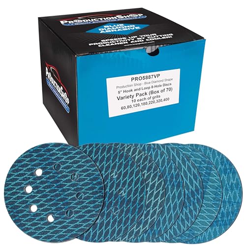 ProductionShop Premium 5" Rhombus Diamond Shape Blue Sanding Discs, 8-Hole, 70 Disc Variety Pack, Grits 60, 80, 120, 150, 180, 220, 320, 400 - Hook & Loop Sandpaper, Random Orbital Sanders, Metal Wood - style: Variety Pack