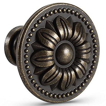 CHICTIE Set of 10 Vintage Kitchen Cabinet Knobs Pulls, Flower Drawer Knobs, Dresser Knobs, Antique Brass Pull Handles, Rustic Bronzed Door Knobs for Dresser Drawers, Zinc