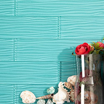 Lovdeco Aquamarine Water Wave Glass Subway Tile, 3 x 12 Inch, 4 Sq Ft, Backsplash for Bathroom Kitchen Wall, Green, 16-Pack - color: Aquamarine, size: 3 x 12 Inch