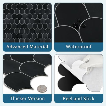 10-Sheet Fish Scale Peel and Stick Backsplash Tile, 11.4" x 10.9" Stone Composite Scallop Handmade Looks Self-Adhesive Wall Tiles for Kitchen Bathroom, Black Mixed - color: Black Mixed, size: Fish Scale