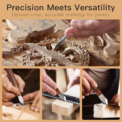 Marking Knife Woodworking Heavy Duty Scribing Gauge Knife Leather Sheath Carbon Steel Double Beveled Blade Striking Knife Wooden Handle Scribe Carving Tool Fathers Day Mens Woodworking Birthday Gift