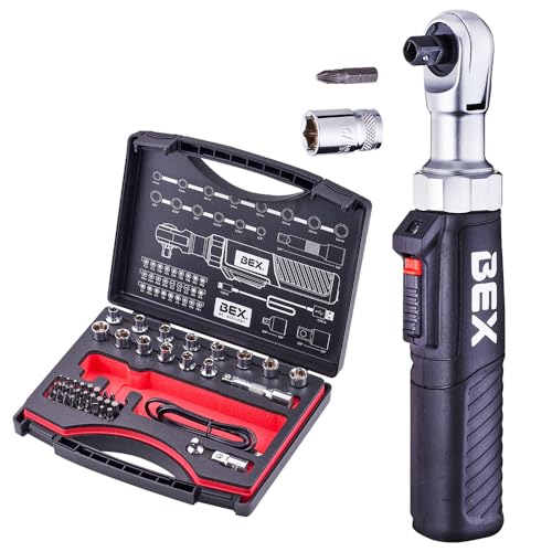 BEX 44pcs 2-in-1 3/8" Electric Ratchet Wrench and 1/4" Right Angle Screwdriver Kit for Tight Spaces USB-C Rechargeable, Socket & Bit Kit
