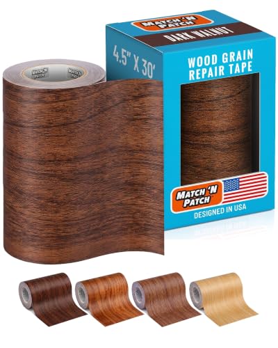 MATCH 'N PATCH Project+ Wood Grain Repair Tape - Dark Walnut, 4.5 in x 30 ft (1-Pack) – Wood Grain Colored Duct Tape for Mirror Frame, Trim, Borders, Floor and Other Furniture, Scratch Repair Kit - color: Dark Walnut, size: 4.50"x 30'