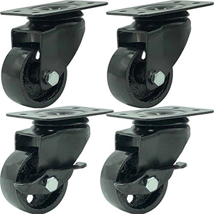 FactorDuty 2" Metal Swivel Plate Caster Wheels, Combo 2 Brake & 2 No Brake - size: 2" Combo