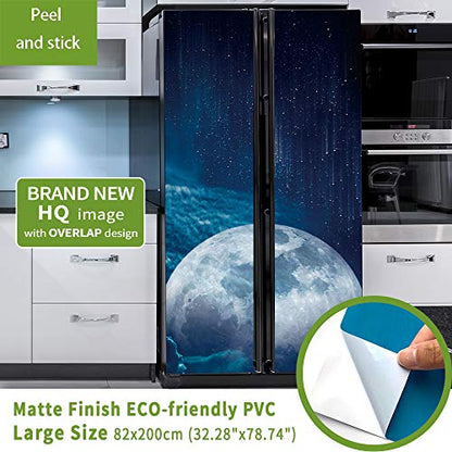 Modern Art Self Stick Vinyl Door Mural Sticker, Peel and Stick Removable Refrigerator Wrap Decal, Full Moon, 32.3x78.7, 2 Pcs Set - color: Full Moon