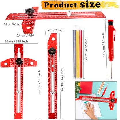 6 Pcs Woodworking Scriber Marking Line Ruler Adjustable Aluminum Alloy Sliding T-Square Ruler Precision Line Drawing Aid Ruler with Angle Scale Measuring Tool and Carpenter Pencil