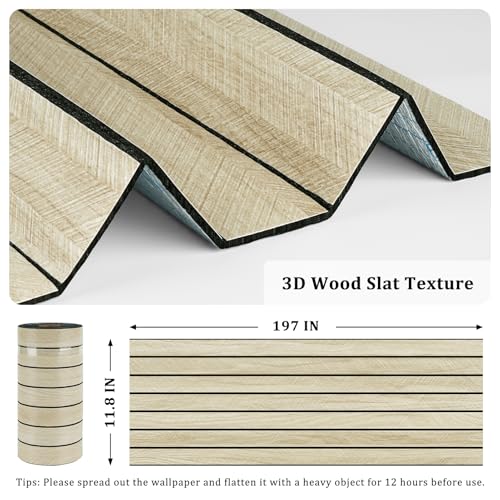Beige Oak Peel and Stick Wood Panels 3D Textured Acoustic Wood Slats Panel for Wall 11.8"x197" Self Adhesive Soundproof Wooden Slatted Panel Wallpaper for Bedroom Office Studio Wall Decor - size: 11.8" x 197"