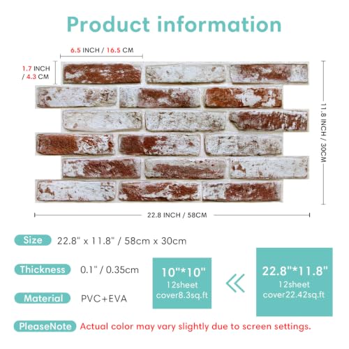 Commomy Faux Brick 3D Wall Panels Peel and Stick 12 pcs of 22.8" x 11.8" - color: Large Brick-A