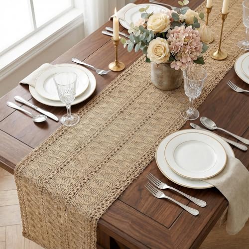 Burlap Boho Table Runner Macrame Brown 60in Farmhouse Woven Runner - color: Brown, size: 12'' x 60''
