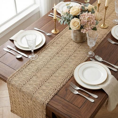 Burlap Boho Table Runner Macrame Brown 60in Farmhouse Woven Runner - color: Brown, size: 12'' x 60''