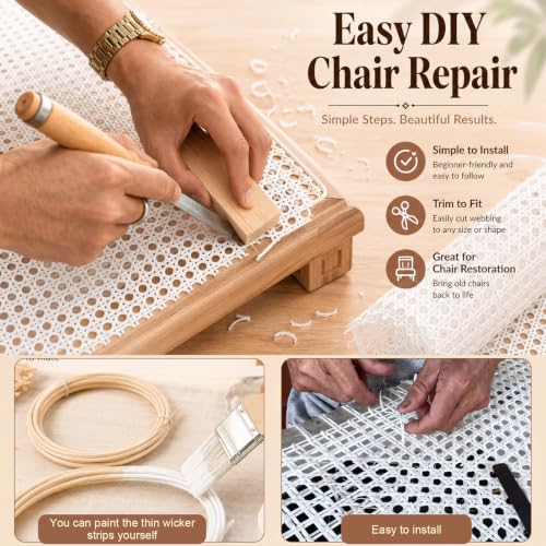 Reaeng Rattan Repair Kit for Chair Caning, Complete Furniture Restoration Kit with 15.7 x 39.4 Inch Cane Webbing Roll, Spline, 2 Caning Chisels and 8 Wooden Wedges - color: White
