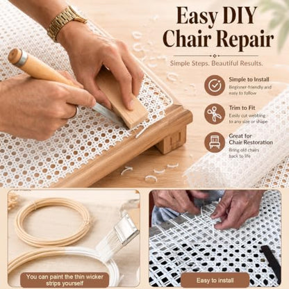 Reaeng Rattan Repair Kit for Chair Caning, Complete Furniture Restoration Kit with 15.7 x 39.4 Inch Cane Webbing Roll, Spline, 2 Caning Chisels and 8 Wooden Wedges - color: White