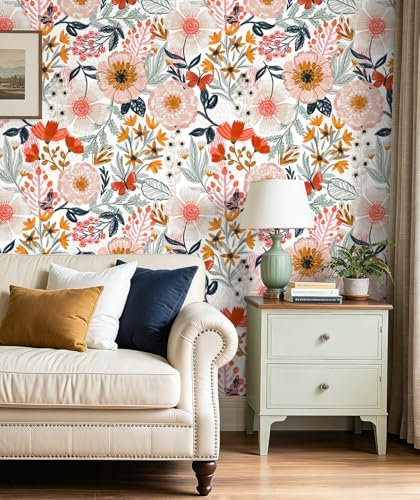 Peel and Stick Wallpaper Floral Wallpaper for Bathroom - color: Retro White