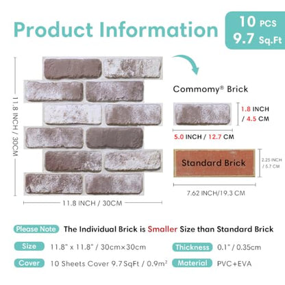 Commomy Faux Brick Wall Panels Peel and Stick Thin PVC 10 Pcs 11.8" x 11.8" - color: Brick-tk