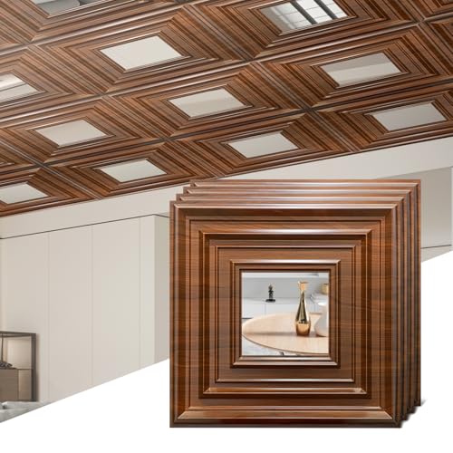 12 Pack PVC Ceiling Tiles 19.7"x19.7" – Silver Mirror & Wood Grain 3D Wall Panels for Wall and Ceiling Decoration,Cover 32.3 Sq.Ft – Waterproof,Lightweigh(Dark Brown, Silver) - color: Dark brown wood grain and Silver
