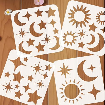 16Pcs Star Moon Stencil for Painting Reusable PET Painting Stencils Set Sun Drawing Templates for Wood Furniture Canvas Paper Fabric - color: Star Sun and Moon