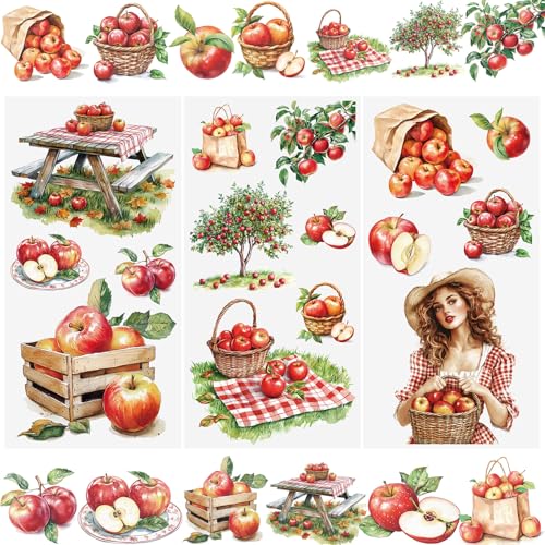WANDIC 3 Sheets Rub on Furniture Transfer Stickers, Decorative Transfer Decal Fruit Tree Pattern Design Waterproof Sticker, for Postcard Greeting Scrapbooking Decorations,15 * 30cm - color: Apple Theme