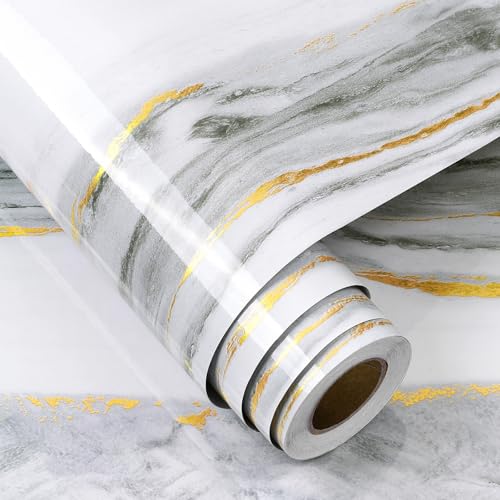 FunStick 24"x200" Glossy Marble Contact Paper for Kitchen Counter Top Contact Paper Peel and Stick Waterproof Gold White Marble Wallpaper for Bathroom Self Adhesive Vinyl Wrap for Countertops Cabinets - color: White and Gold, size: 24"W x 200"L