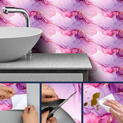 HOMETITUTE Pink Purple Marble Peel Stick Wallpaper 118.1x17.7 Inch Vinyl - color: Pink Purple Marble