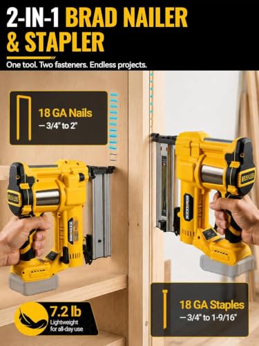2-in-1 Brad Nailer Staple Gun for Dewalt 20V Battery, Tool only - color: Yellow