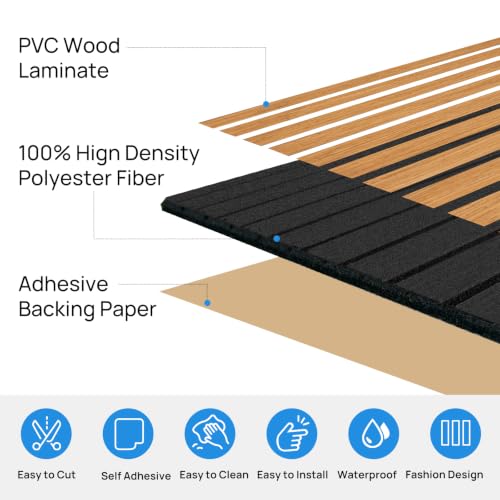 Teak Acoustic Panels, 12 Pack Self-Adhesive Sound Absorbing Tiles - color: Teak