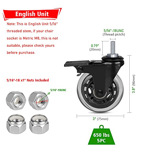 Hirate 3 inch Lockable Caster with 5/16"-18UNC Threaded Stem Swivel Wheels - size: 3"