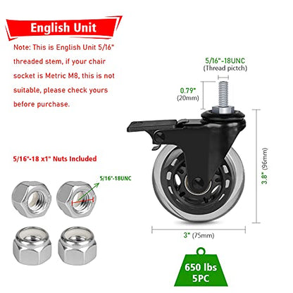 Hirate 3 inch Lockable Caster with 5/16"-18UNC Threaded Stem Swivel Wheels - size: 3"