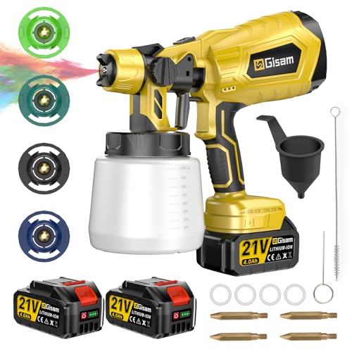 Gisam Cordless HVLP Paint Sprayer | Brushless Motor, 2×4000mAh Batteries, 5 Brass Nozzles | Electric Paint Sprayer for House Furniture Fence DIY Projects - color: yellow-2*4000mah