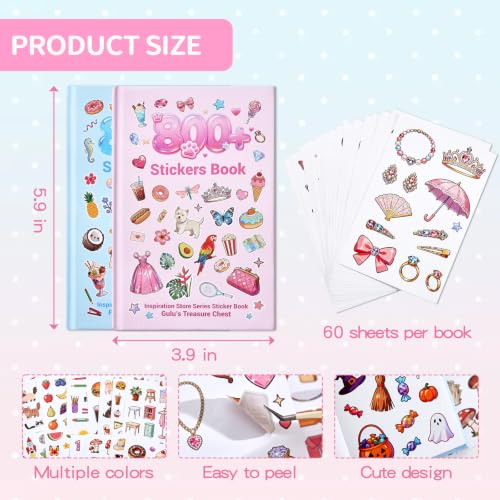 Cute Sticker Book,Set of 2 Sticker Books, Kawaii Aesthetic Stickers with Flowers,Donuts,Cats,Balloons,Y2K,Plants and Sweet Desserts,Scrapbooking Stickers for Journals,Water Bottles,Notebooks