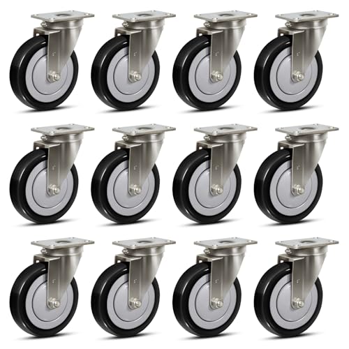 5" Stainless Steel Casters, Swivel Industrial Heavy Duty Caster Wheels, Anti-Corrosion Polyurethane Casters for Hospitals Food Labs, Each Caster Load 350 lbs (12 Swivel) - style: 12 Swivel