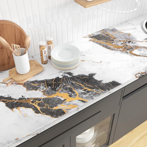 VEELIKE Black White Marble Contact Paper with Gold Veins Peel and Stick Countertops Waterproof Thick Marble Wallpaper for Kitchen Bathroom 15.7''x118'' Self Adhesive Granite Vinyl Countertop Covers - size: 15.7" x 118"