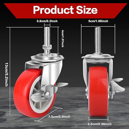 3 Inch Heavy Duty Stem Casters Swivel Wheels with Brake - 3/8" -16 x 1-1/2" (Stem Diameter 3/8", Stem Length 1-1/2"),Set of 4 with Locking Threaded Stem Caster Wheels - Load 600lbs - color: Bright red