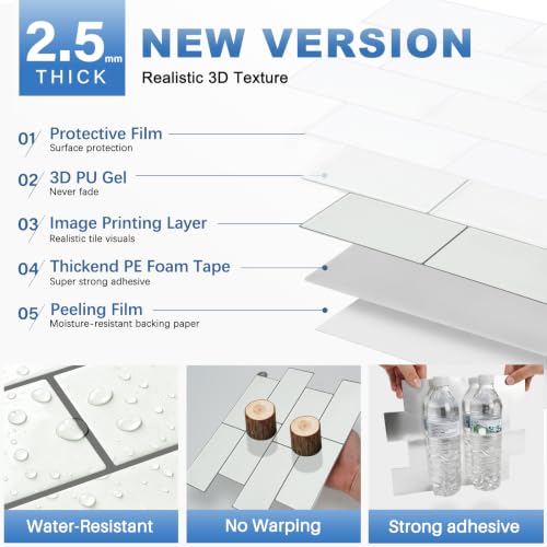 Thicker Design Peel and Stick Backsplash Tile，Self Adhesive Wall Tiles for Kitchen & Bathroom (10 Sheets, White) - color: White With Grey Grout