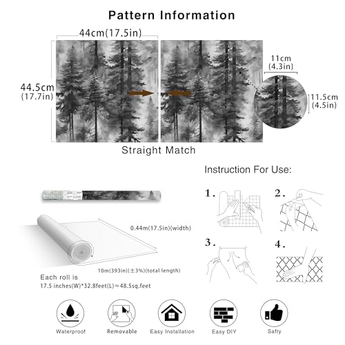 HAOKHOME Forest Wallpaper Peel and Stick Black White Mural 17.3in x 32.8ft - color: Grey/Black/White, size: 17.3in x 32.8ft