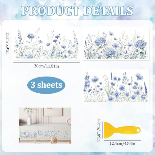 Rub On Transfers for Crafts, 3pcs Blue Wildflower Transfers Spring UV DTF Stickers Waterproof Decals Furniture for Cup Wood Scrapbook DIY Planner Home Door - color: Blue Wild Flower