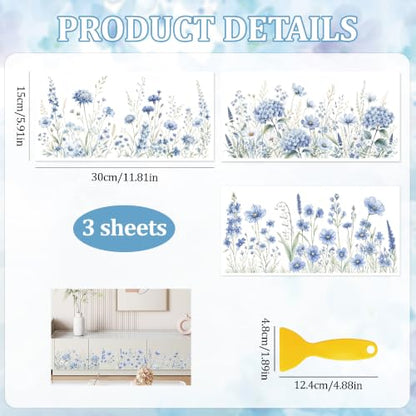 Rub On Transfers for Crafts, 3pcs Blue Wildflower Transfers Spring UV DTF Stickers Waterproof Decals Furniture for Cup Wood Scrapbook DIY Planner Home Door - color: Blue Wild Flower