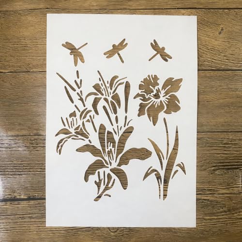 TIAMECH A4 Reusable Lily Flower Dragonfly Stencil for Painting - color: Lily Flower Dragonfly