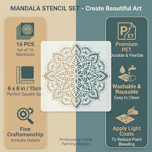 16 Pcs Mandala Stencils for Painting, Floral Geometry for Canvas 6 Inch - color: Mandala