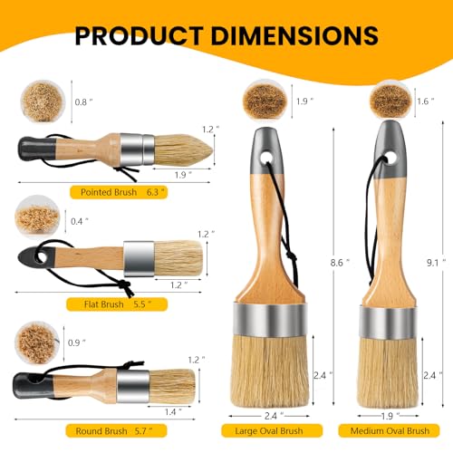 Chalk Paint Brush, Wax Paint Brush Set of 5, Natural Bristle - size: 1 Large + 1 Medium + 3 Small, 5 Pack