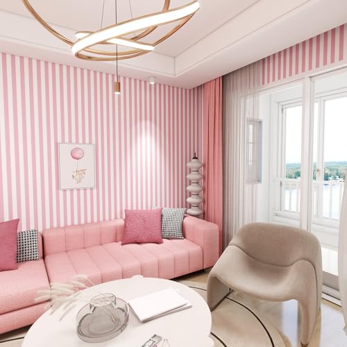 Pink and White Striped Peel and Stick Wallpaper 17.3"x80" - color: Pink, size: 17.3" x 80"