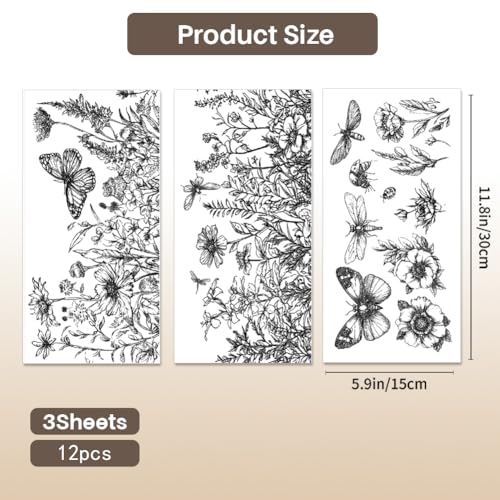 PLIGREAT 3 Sheets Black Flowers Rub on Transfer for Furniture 6"x12" Sketch Floral Butterfly Craft Transfer Rub on Dressers Wardrobe Decor Insect Transfers Decals for Scrapbooking Crafts Decorative - style: Sketch Flower