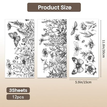 PLIGREAT 3 Sheets Black Flowers Rub on Transfer for Furniture 6"x12" Sketch Floral Butterfly Craft Transfer Rub on Dressers Wardrobe Decor Insect Transfers Decals for Scrapbooking Crafts Decorative - style: Sketch Flower