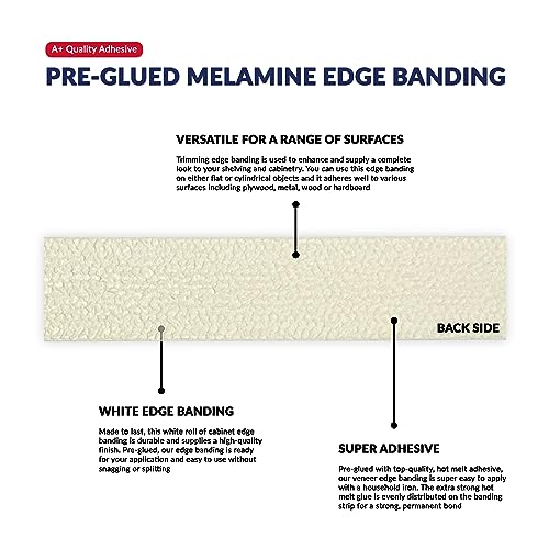 UNMAR White Edge Banding Melamine Iron On Tape Adhesive Wood Board Edging Strips Veneer Trim Laminate Cabinet Furniture MDF Plywood Formica Shelf Stick Countertop (1, White, 1/2 in x 250 ft) - size: 1/2 in x 250 ft