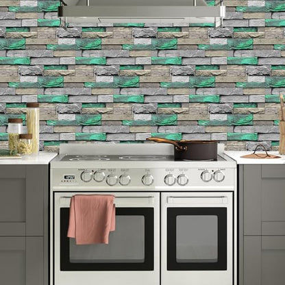 Alwayspon 24Pcs 12x6inch Peel&Stick Wall Sticker Vinly Wallpaper, Waterproof Backsplash for Kitchen Bathroom, Self-Adhesive Tile Transfers Decal Stick on Tiles with Light Green Stone Brick Effect - color: Fg-l16, size: 24 Pcs