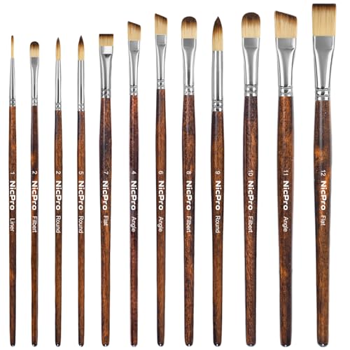 Nicpro 12PCS Artist Paint Brush Set, Paint Brushes for Acrylic Painting - color: Brown Wood