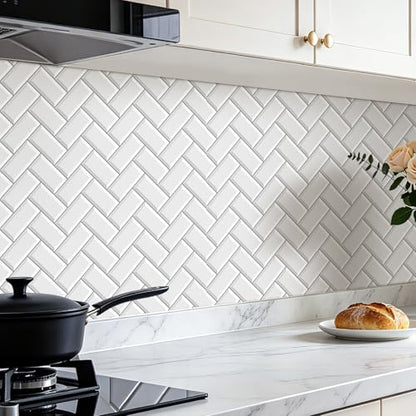 FunStick 17.5"x354" Herringbone White Wallpaper Peel and Stick Kitchen Backsplash Wallpaper Tile Contact Paper for Countertops Self Adhesive Vinyl Wall Paper Roll for Kitchen Bathroom Walls Waterproof - size: 17.5 x 354 Inches